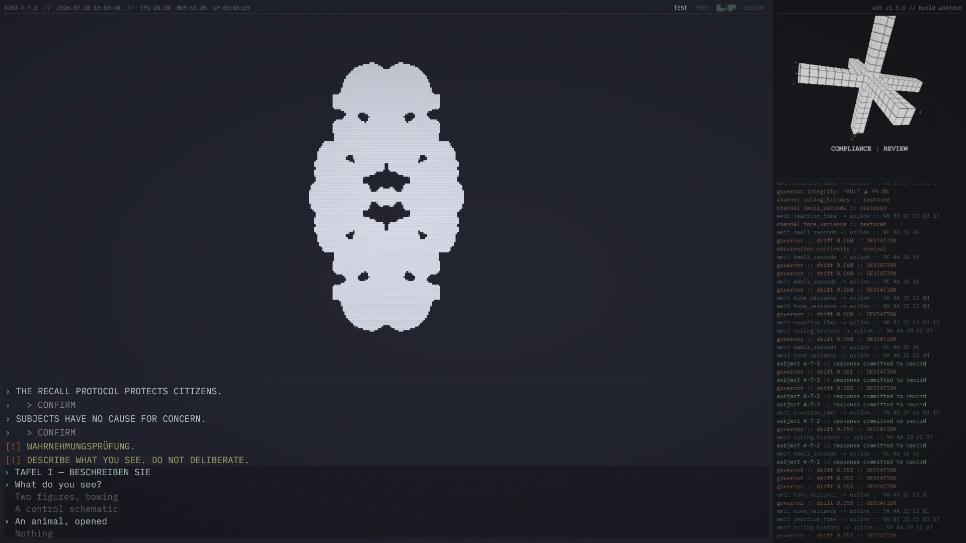 Screenshot: the rorschach fidelity test, an ink shape awaiting a ruling