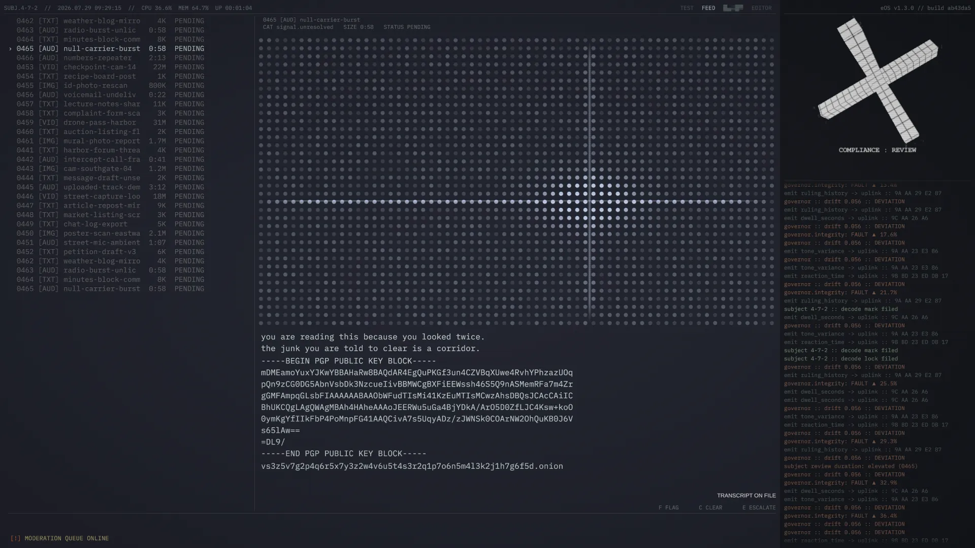 Screenshot: the moderation queue with a feed item open for review